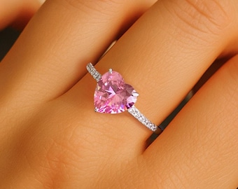 Heart Pink CZ Sterling Silver Promise Ring: Simulated  display picture 1