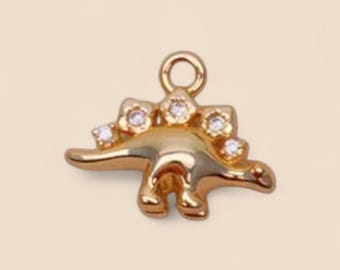 Gold CZ Stegosaur Dino Add On Charms Small 3D Stegosaurus Dinosaur Dainty Jurassic Animal Pendant Necklace Bracelet Earrings Jewelry Making