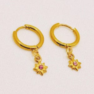 Stern Hoops Vergoldet Rosa CZ Y2K Ohrringe Huggie Edelstahl Bequem Ohr Tiny Stacking Piercing Starburst North Star Sunburst Celestial