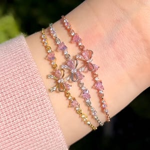 Bow Diamond Bracelet, Silver & Gold Dainty Chain, Unique Delicate Coquette, Bling Triple Ribbon Knot Adjustable, Friendship Jewelry