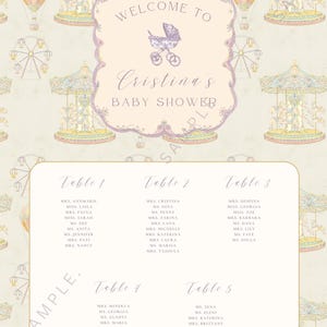 Puede incluir: Una invitación para un baby shower con un diseño vintage. La invitación presenta un fondo beige claro con ilustraciones de carruseles y globos aerostáticos. El texto "Welcome to Cristina's Baby Shower" se muestra en una escritura elegante.