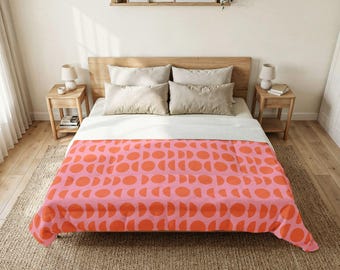 Customizable Coral Pink Moon Phases Cotton Comforter for Dorm Geometric Retro Dot Pattern
