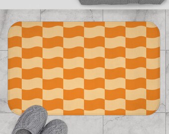Retro Wavy Checkerboard Bath Mat | Orange Vintage Pattern