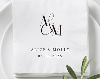Custom Wedding Napkins with Initials Text, Personalized Wedding Cocktail Napkins for Engagement, Bridal Shower, Wedding Decor