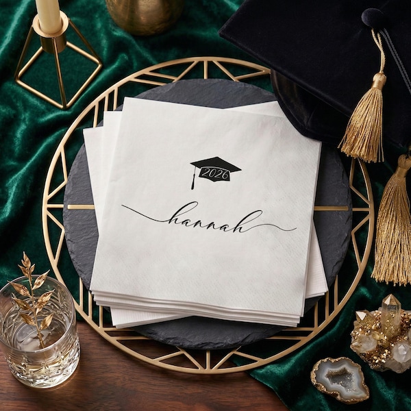 Custom Graduation Napkins | Class of 2026 Personalized Cocktail Napkins with Grad Cap for Graduation Party Decor Favors