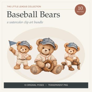 Könnte beinhalten: Ein digitales Aquarell-Clip-Art-Paket mit dem Titel The Little League Collection Baseball Bears mit 10 PNG-Dateien. Das Bild zeigt drei braune Teddybären, die blaue Baseballkappen und weiße Uniformen tragen und Basebälle sowie eine blaue Flagge halten.