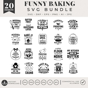 Könnte beinhalten: Eine digitale Sammlung von 20 schwarz-weißen Grafikdesigns zum Thema Backen, die Küchenutensilien wie Schneebesen, Nudelhölzer und Öfen zeigen, ergänzt durch humorvolle Textphrasen wie "Whisking Through The Chaos" und "Butter First".