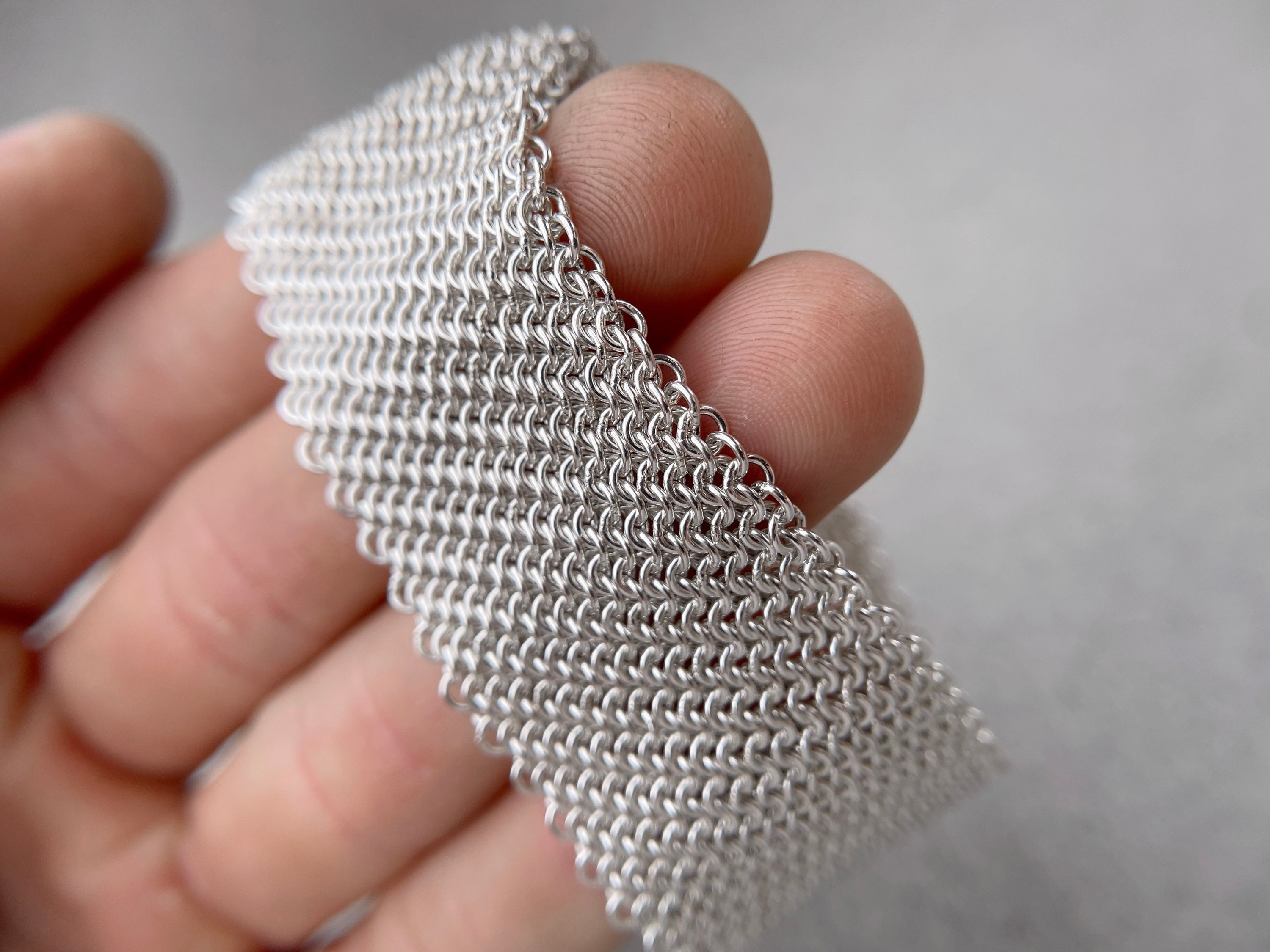 Solid Silver Wide Mythril Chainmaille Bracelet - Hand Welded