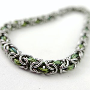 Welded-Link Thin Byzantine Bracelet - Green Anodized Titanium Color & Stainless Steel