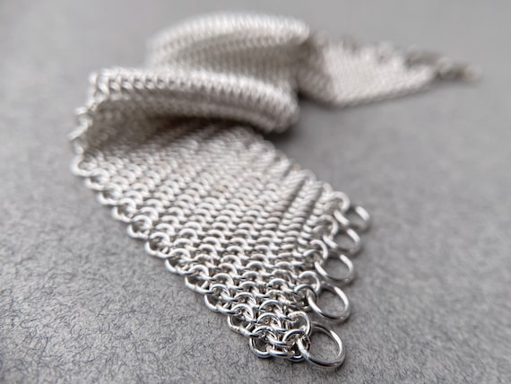 Solid Silver Wide Mythril Chainmaille Bracelet Hand Welded Links