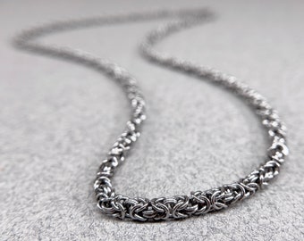 Thin Chainmaille Necklace, Welded-Link, Micro Maille, Byzantine Pattern