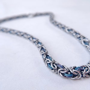 Chainmaille Necklace - Welded-Link Byzantine Pattern - w/ Blue Anodized Titanium