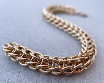 Brass Chainmaille Bracelet, Full Persian Pattern, Welded-Link Chain