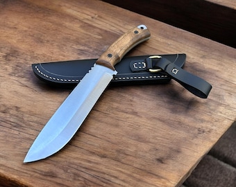 High Carbon Steel Survival Knife: Walnut Handle, Black Leather Sheath