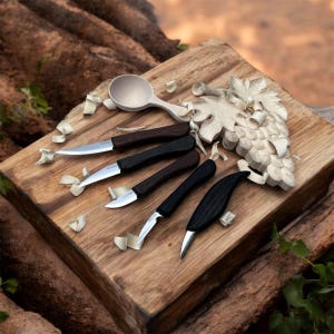 May include: A set of five wood carving knives with black and brown handles on a wooden surface. The knives have different blade shapes and sizes. There is a wooden spoon and a carved grapevine design on the surface.