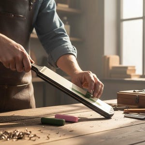 May include: A person is shown working on a woodworking project. They are using a sharpening stone to sharpen a blade. The blade is black with a white surface. There are small pieces of wood and tools on the wooden table.