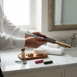 May include: A wooden and black leather strop is held in hands. A shaving kit is on a marble countertop, including a razor, shaving brush, bowl of shaving cream, and two bars of soap. The strop is approximately 12 inches long.