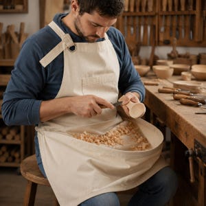 Schnitzschürze mit Späneauffangschale | Schürze für Löffelschnitzerei, Schnitzerei und DIY-Projekte | Geschenk für Holzbearbeiter/Handwerker