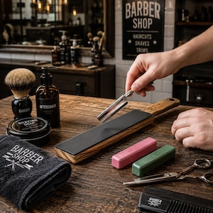 Può includere: Un coramella in legno con superficie in pelle nera, un rasoio a mano libera, un pennello da barba, un contenitore nero di sapone da barba, una bottiglia ambrata di dopobarba, un asciugamano nero con il testo BARBER SHOP, due paste abrasive e forbici.