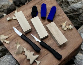 New Wood Carving Kit for Beginners , Carving Kit for Kids , woodworking  , set of 2 knives and 3 blocks and FINGER PROTECTION , handmade