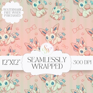 May include: Seamlessly wrapped digital paper featuring a repeating pattern of cartoon creatures in pastel pink, blue, and cream colors. The design includes the text "12"x12"" and "300 DPI". The watermark says "WATERMARK FREE WHEN PURCHASED".