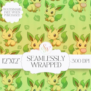 May include: Seamlessly wrapped digital paper featuring a repeating pattern of a cartoon character with green and yellow fur, large ears, and a leaf-shaped tail. The background is a light green with a subtle grid pattern. The image is 12"x12".