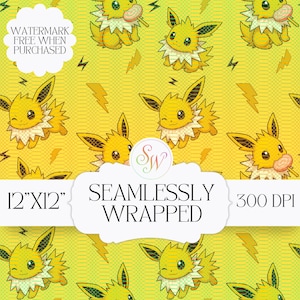 May include: A repeating pattern featuring cartoon-style yellow creatures with spiky fur and large ears, set against a yellow and green background with lightning bolt accents. The text reads "12"x12" Seamlessly Wrapped 300 DPI".