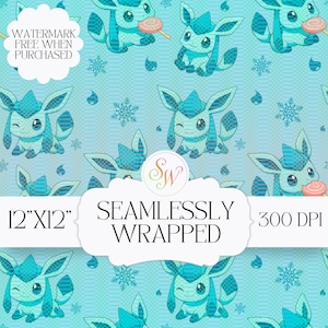 May include: Seamlessly wrapped digital paper featuring a repeating pattern of cartoon-style ice-type creatures in shades of blue and white. The design includes snowflakes, water droplets, and the text "12"x12"" and "300 DPI".