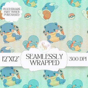 May include: Seamlessly wrapped digital paper featuring a repeating pattern of cartoon turtles in shades of blue, orange, and white. The background is a light green with a subtle geometric design. The text reads "12"x12"" and "300 DPI".