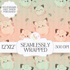 May include: Seamlessly wrapped digital paper featuring a repeating pattern of cartoon characters in shades of pink, peach, and green. The design includes the text "12"x12"" and "300 DPI". The characters have a smiling expression.