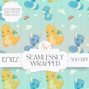 Può includere: Carta digitale avvolta senza soluzione di continuità con draghi dei cartoni animati nei toni del blu e del giallo su sfondo azzurro. Il design include il testo "12"x12"" e "300 DPI".