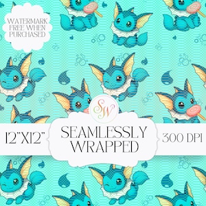 May include: Seamlessly wrapped digital paper featuring a repeating pattern of cartoon-style blue creatures with yellow ears and white collars. The creatures are set against a teal background with bubbles and water droplet shapes. The text "12"x12"" and "300 DPI" is visible.