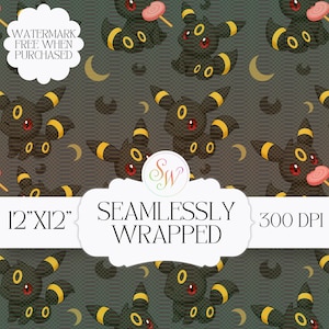 May include: Seamlessly wrapped digital paper featuring a repeating pattern of black cartoon creatures with yellow accents, red eyes, and lollipops. The design includes the text "12"x12"" and "300 DPI".