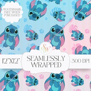 May include: Seamlessly wrapped digital paper featuring a repeating pattern of a blue cartoon character with large ears and a cute expression. The background alternates between blue and pink with floral accents. The paper is 12"x12" and 300 DPI.