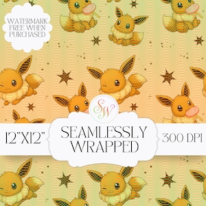 May include: A seamless pattern featuring cartoon characters in shades of orange and cream, with star accents on a gradient background. The text "12"x12"" and "SEAMLESSLY WRAPPED" is visible. The image is 300 DPI.