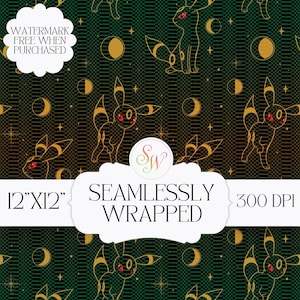 May include: A seamless pattern featuring a repeating design of a cartoon creature with gold outlines and red eyes, set against a black and green gradient background. The design includes crescent moons and stars. The text reads "12"x12"" and "Seamlessly Wrapped".