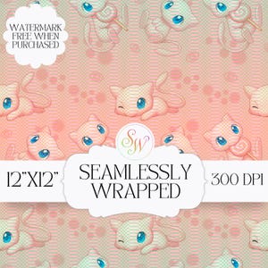 Puede incluir: Papel digital envuelto sin costuras con un patrón repetido de una criatura de dibujos animados con ojos azules y pelaje rosa. El diseño incluye el texto "12"x12"" y "300 DPI". El fondo es rosa claro y verde. Mide 30,48 cm x 30,48 cm.