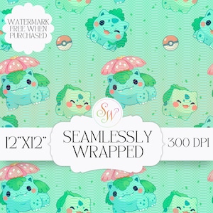 Peut inclure: Papier numérique à motif continu avec un motif répétitif de personnages de dessins animés Bulbasaur dans des tons de bleu et de vert. Le motif comprend des parapluies à fleurs roses et des Poké Balls sur un fond vert clair. Le texte indique "12"x12"" et "300 DPI".