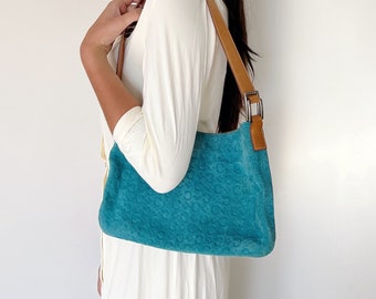 Vintage Bag | CELINE Macadam Logo Monogram Suede Shoulder Bag Purse Teal Blue Green 90’s