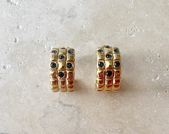 Vintage Earrings | AVON Statement Earrings Hoops Mod Structured Pierced Gold Blue Gemstone Luxury Designer 80’s