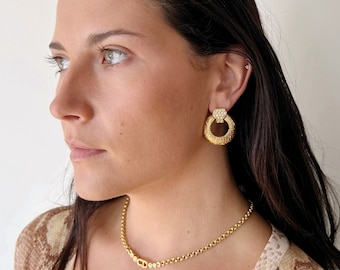 Vintage Earrings | GIVENCHY Statement Earrings Door Knocker Mod Structured Pierced Rhinestone Gold Luxury Designer 80’s