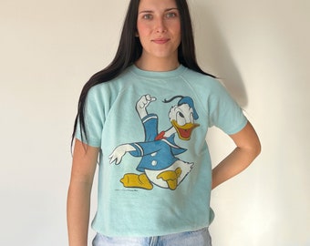 Vintage Sweatshirt | DONALD DUCK Disney Raglan Pullover Short Sleeve Sweatshirt Top Shirt Sweater 70's | Size S/M