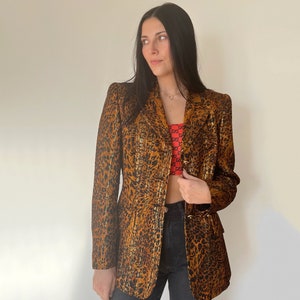 Vintage Jacket | ESCADA Silk Blazer Jacket Coat Festive Evening Animal Cheetah Gold Black Neutral | Size M
