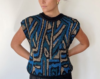 Vintage Sweater | DIOR Woven Abstract Mod Geometric Shirt Sleeve Top Shirt Sweater 80s 90s Blue Black Gold | Size S/M