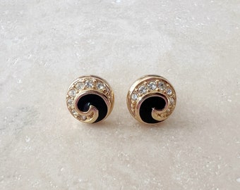 Vintage Earrings | DIOR Stud Earrings Jewelry Gold Rhinestone Black Enamel 80's 90's