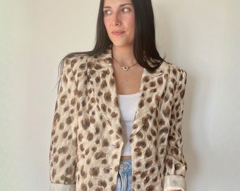 Vintage Jacket | ESCADA Linen Blazer Jacket Coat Shimmer Cheetah Beige Tan Black Neutral Gold | Size 42 EU / M US