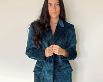 Vintage Jacket | MISSONI Donna Velour Velvet Coat Blazer Buttoned Paisley Teal Blue Green 80’s 90’s | Size M/L