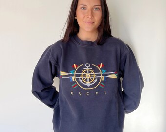 Vintage Sweatshirt | GUCCI Pullover Sweater Top Shirt Nautical Coastal Beach Sailer Anchor 80’s Navy Blue | Size S