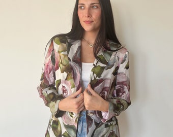 Vintage Jacket | ESCADA Watercolor Floral Blazer Jacket Coat Rose Garden Boho Bohemian Pink 80’s 90’s | Size M