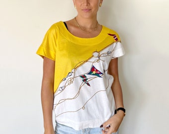 Vintage T-Shirt | GUCCI 80’s Nautical Coastal Logo Monogram Graphic Shirt Tee Boho Yellow White | Size M